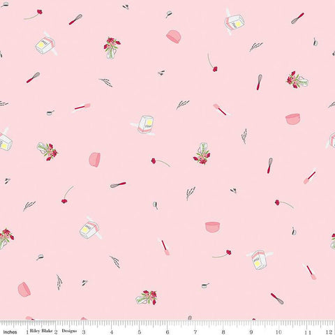 CLEARANCE Flour and Flower Kitchen Tools C14015 Pink by Riley Blake Designs - Baking Items Flowers - Quilting Cotton Fabric