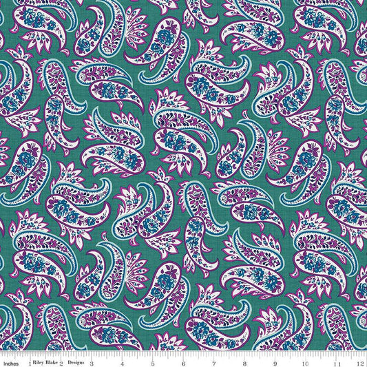 Fat Quarter End of Bolt - CLEARANCE Brilliance Paisley C14225 Teal - Riley Blake - Floral Flowers- Filled Paisleys - Quilting Cotton Fabric