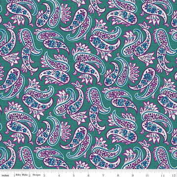 Fat Quarter End of Bolt - SUPER DEAL Brilliance Paisley C14225 Teal - Riley Blake - Floral Flowers- Filled Paisleys - Quilting Cotton Fabric