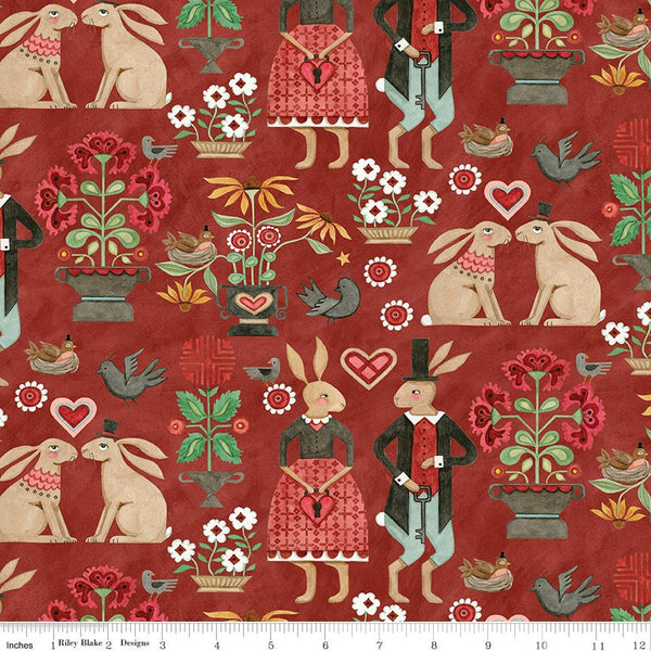 24" End of Bolt - Hop Hop Hooray Main C14270 Red by Riley Blake - Easter Folk Art Rabbits Flowers - Teresa Kogut - Quilting Cotton Fabric