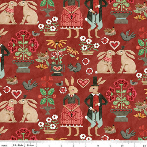 26" End of Bolt - Hop Hop Hooray Main C14270 Red by Riley Blake Designs - Easter Folk Art Rabbits - Teresa Kogut - Quilting Cotton Fabric