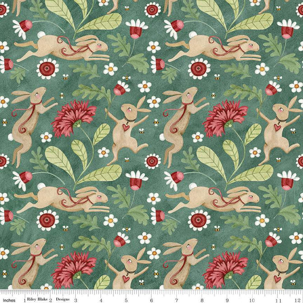 Fat Quarter End of Bolt - Hop Hop Hooray Bunnies Garden C14271 Teal by Riley Blake - Easter Folk Art Rabbits - Teresa Kogut - Cotton Fabric