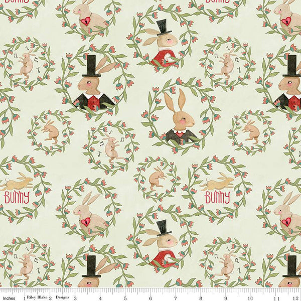 SALE Hop Hop Hooray Bunny Wreaths C14272 Flax by Riley Blake Designs - Easter Folk Art Rabbits - Teresa Kogut - Quilting Cotton Fabric