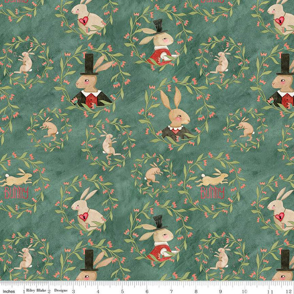 25" End of Bolt - Hop Hop Hooray Bunny Wreaths C14272 Teal - Riley Blake - Easter Folk Art Rabbits - Teresa Kogut - Quilting Cotton Fabric