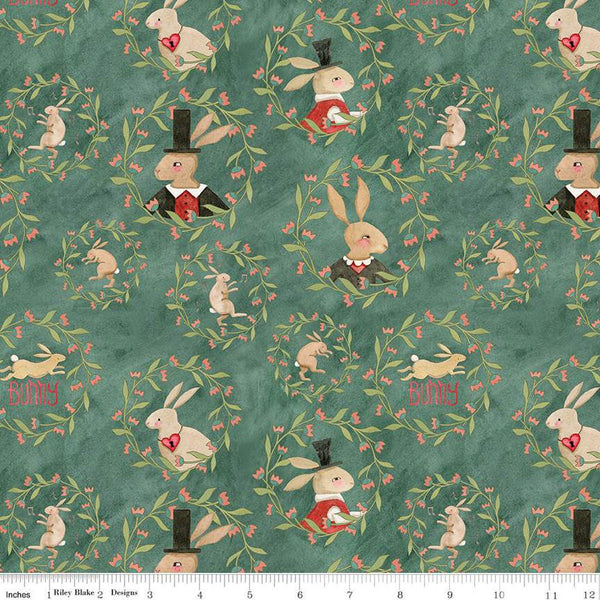 34" End of Bolt - Hop Hop Hooray Bunny Wreaths C14272 Teal - Riley Blake - Easter Folk Art Rabbits - Teresa Kogut - Quilting Cotton Fabric