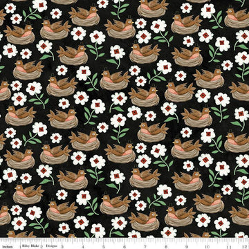 SALE Hop Hop Hooray Robins Nest C14273 Black - Riley Blake Designs - Easter Folk Art Birds Flowers - Teresa Kogut - Quilting Cotton Fabric