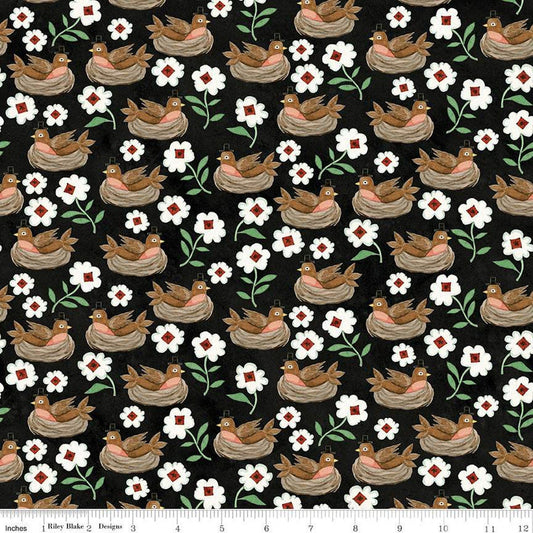 DEAL Hop Hop Hooray Robins Nest C14273 Black - Riley Blake Designs - Easter Folk Art Birds Flowers - Teresa Kogut - Quilting Cotton Fabric