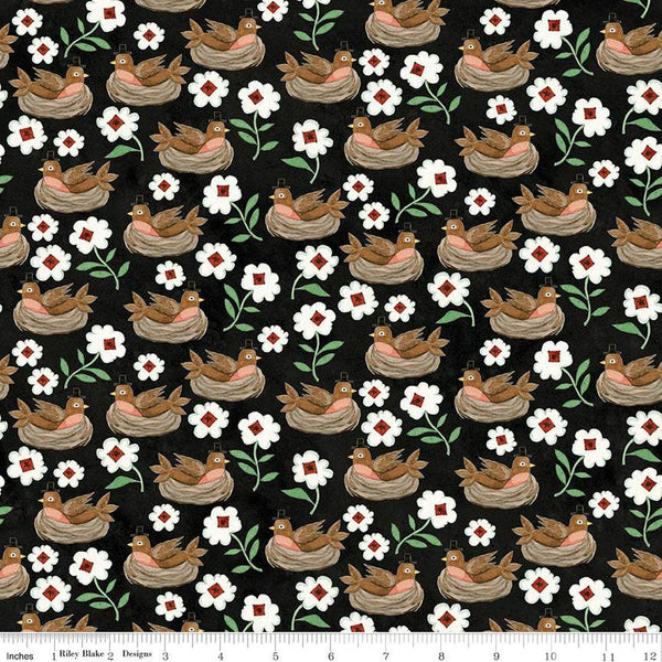 SALE Hop Hop Hooray Robins Nest C14273 Black by Riley Blake Designs - Easter Folk Art Birds Flowers - Teresa Kogut - Quilting Cotton Fabric