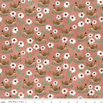 SALE Hop Hop Hooray Robins Nest C14273 Coral - Riley Blake Designs - Easter Folk Art Birds Flowers - Teresa Kogut - Quilting Cotton Fabric