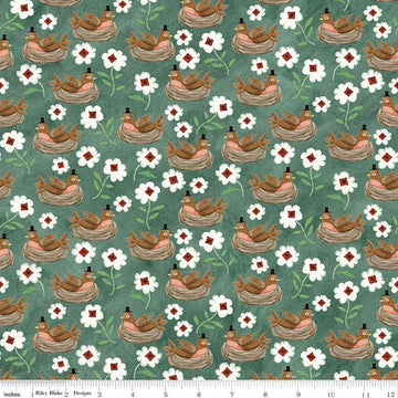 SALE Hop Hop Hooray Robins Nest C14273 Teal - Riley Blake Designs - Easter Folk Art Birds Flowers - Teresa Kogut - Quilting Cotton Fabric