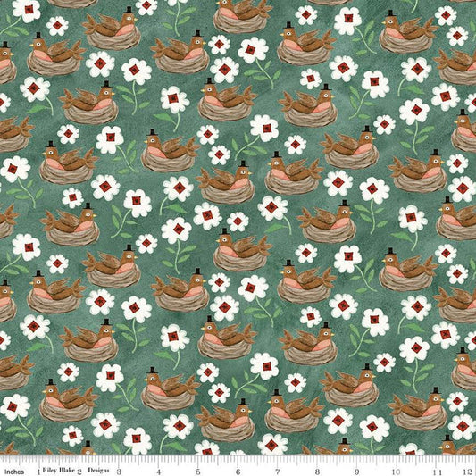 DEAL Hop Hop Hooray Robins Nest C14273 Teal - Riley Blake Designs - Easter Folk Art Birds Flowers - Teresa Kogut - Quilting Cotton Fabric