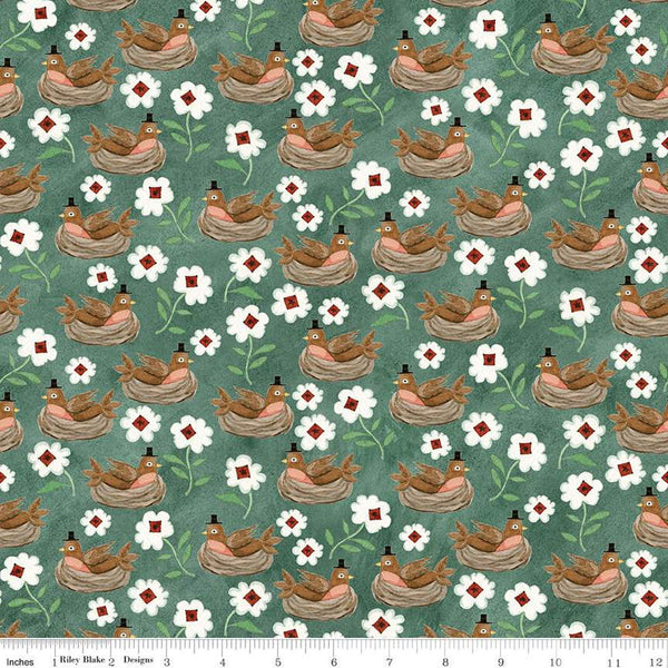 SALE Hop Hop Hooray Robins Nest C14273 Teal by Riley Blake Designs - Easter Folk Art Birds Flowers - Teresa Kogut - Quilting Cotton Fabric