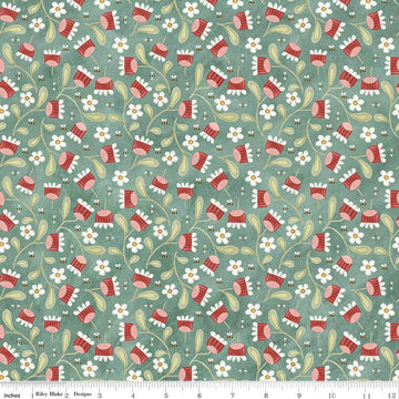 Hop Hop Hooray Blooms & Bees C14274 Teal - Riley Blake - Easter Folk Art Floral Flowers - Teresa Kogut- Quilting Cotton Fabric