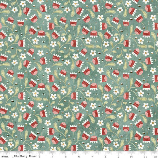 Hop Hop Hooray Blooms & Bees C14274 Teal - Riley Blake - Easter Folk Art Floral Flowers - Teresa Kogut- Quilting Cotton Fabric