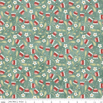 17" End of Bolt - Hop Hop Hooray Blooms & Bees C14274 Teal - Riley Blake - Easter Folk Art Flowers - Teresa Kogut- Quilting Cotton Fabric