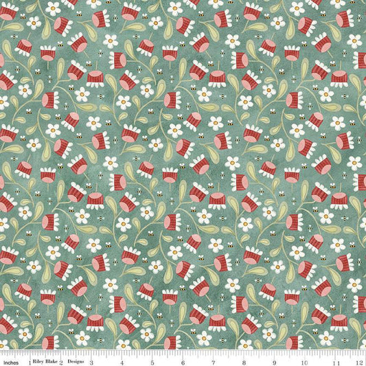 17" End of Bolt - Hop Hop Hooray Blooms & Bees C14274 Teal - Riley Blake - Easter Folk Art Flowers - Teresa Kogut- Quilting Cotton Fabric
