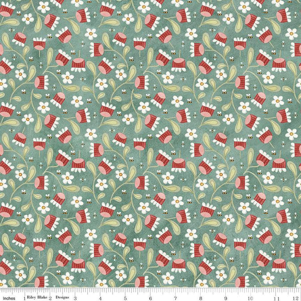 Hop Hop Hooray Blooms and Bees C14274 Teal by Riley Blake - Easter Folk Art Floral Flowers - Teresa Kogut- Quilting Cotton Fabric