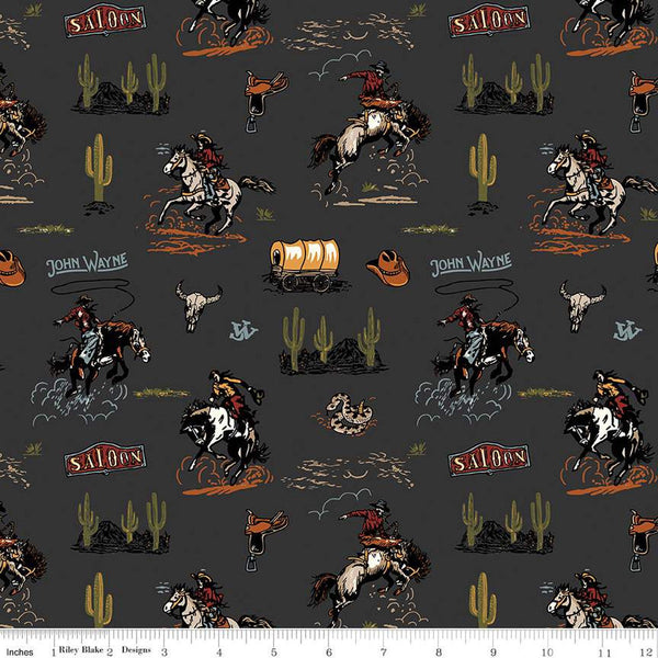 John Wayne Courage Main C14300 Charcoal - Riley Blake Designs - Western Cowboys Horses Saddles Cactus Wagons - Quilting Cotton Fabric