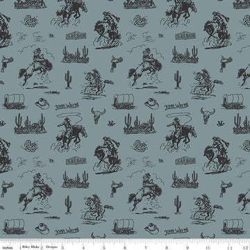 Fat Quarter End of Bolt - John Wayne Courage Cowboys C14302 Storm - Riley Blake - Horses Saddles Wagons - Quilting Cotton - Licensed Product