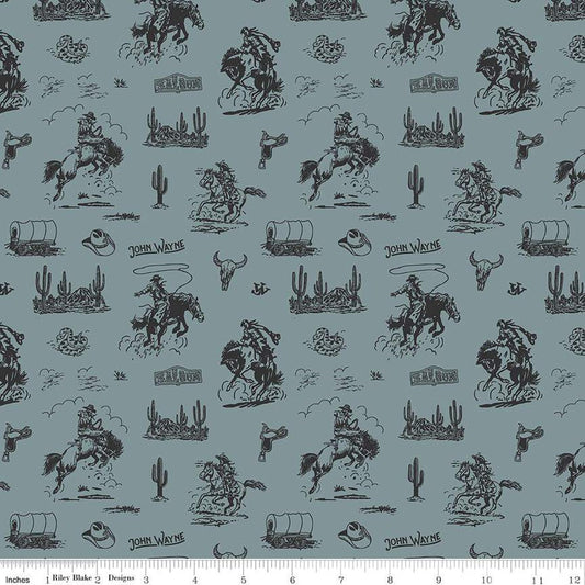 Fat Quarter End of Bolt - John Wayne Courage Cowboys C14302 Storm - Riley Blake - Horses Saddles Wagons - Quilting Cotton - Licensed Product
