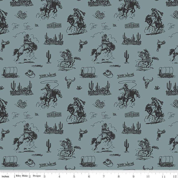 John Wayne Courage Cowboys C14302 Storm - Riley Blake Designs - Western Horses Saddles Wagons - Quilting Cotton Fabric - Licensed Product