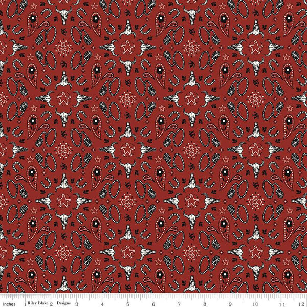 John Wayne Courage Bandana C14304 Barn Red - Riley Blake Designs - Western Ropes Horseshoes - Quilting Cotton Fabric - Licensed Product