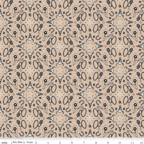 SALE John Wayne Courage Bandana C14304 Sand - Riley Blake Designs - Western Ropes Horseshoes Skulls Paisleys - Quilting Cotton Fabric