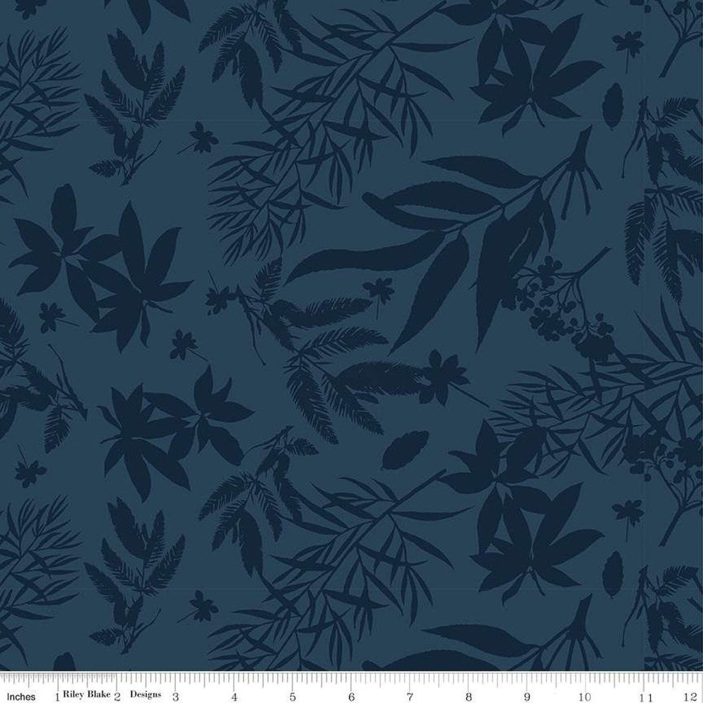 Floral Gardens Foliage C14361 Navy - Riley Blake Designs - Tone-on-Tone Flowers Leaves - Quilting Cotton Fabric