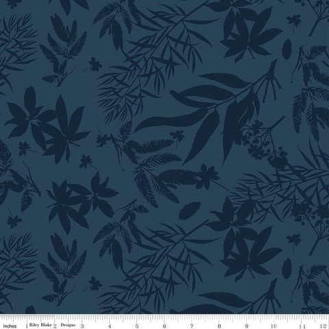 Floral Gardens Foliage C14361 Navy - Riley Blake Designs - Tone-on-Tone Flowers Leaves - Quilting Cotton Fabric