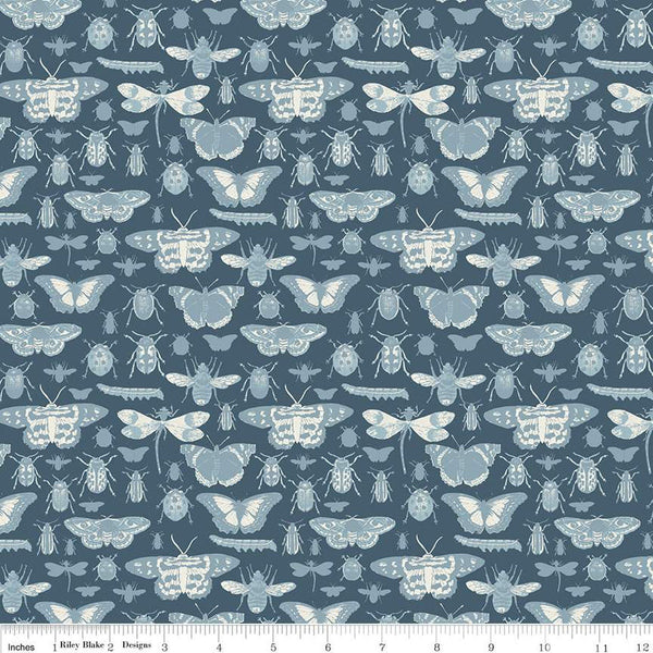 SALE Floral Gardens Insects C14362 Navy - Riley Blake Designs - Bugs Beetles Dragonflies Butterflies - Quilting Cotton Fabric