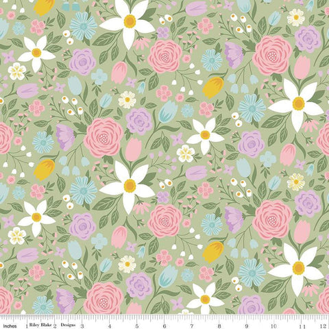 SALE Bunny Trail Main C14250 Green by Riley Blake Designs - Easter Floral Flowers - Quilting Cotton Fabric