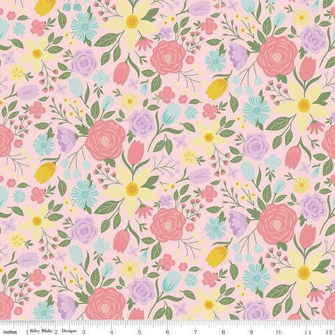 Fat Quarter End of Bolt - Bunny Trail Main C14250 Pink by Riley Blake Designs - Easter Floral Flowers - Quilting Cotton Fabric