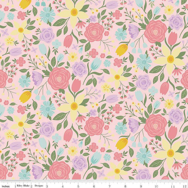 Fat Quarter End of Bolt - Bunny Trail Main C14250 Pink by Riley Blake Designs - Easter Floral Flowers - Quilting Cotton Fabric
