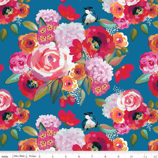 13" End of Bolt - Poppies & Plumes Main C14290 Ocean - Riley Blake Designs - Floral Flowers Birds - Quilting Cotton Fabric