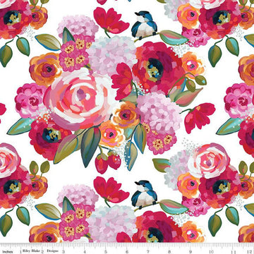 Poppies & Plumes Main C14290 White - Riley Blake Designs - Floral Flowers Birds - Quilting Cotton Fabric