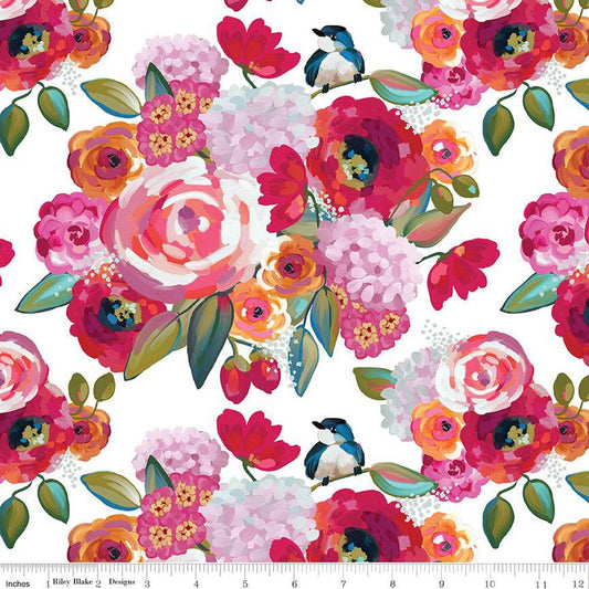 Poppies & Plumes Main C14290 White - Riley Blake Designs - Floral Flowers Birds - Quilting Cotton Fabric