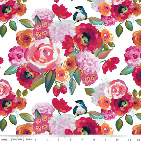 Poppies and Plumes Main C14290 White by Riley Blake Designs - Floral Flowers Birds - Quilting Cotton Fabric