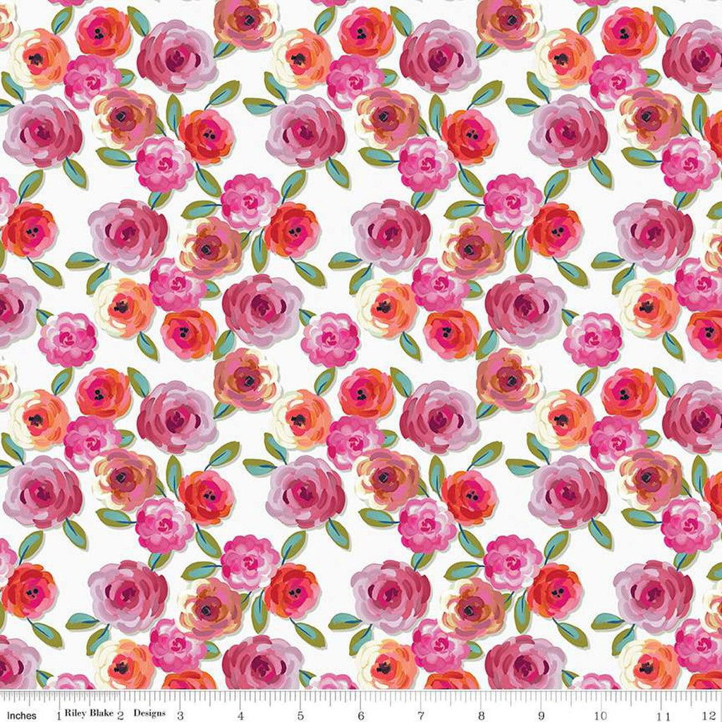 Poppies and Plumes Floral C14291 White - Riley Blake Designs - Flowers Leaves - Quilting Cotton Fabric