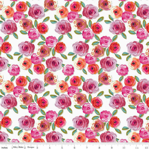 Poppies and Plumes Floral C14291 White - Riley Blake Designs - Flowers Leaves - Quilting Cotton Fabric