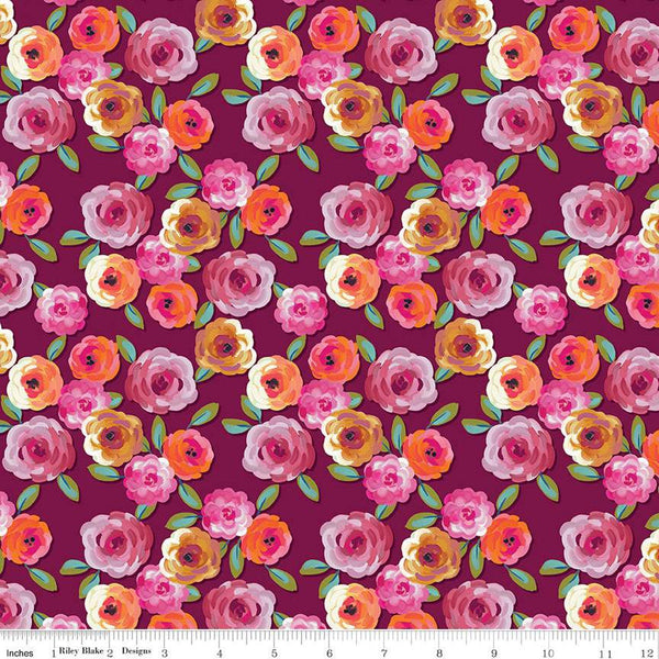 Fat Quarter End of Bolt - SALE Poppies and Plumes Floral C14291 Wine by Riley Blake Designs - Flowers Leaves - Quilting Cotton Fabric