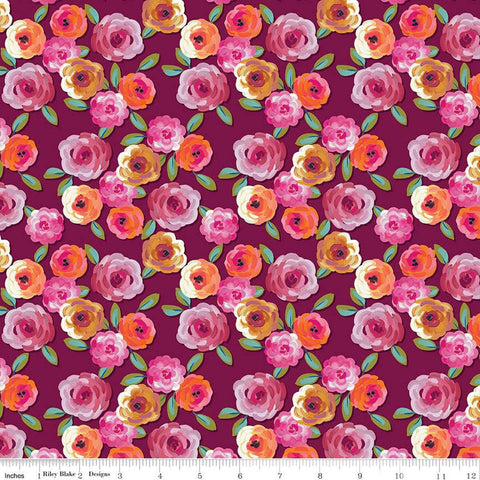 Fat Quarter End of Bolt - SALE Poppies and Plumes Floral C14291 Wine by Riley Blake Designs - Flowers Leaves - Quilting Cotton Fabric