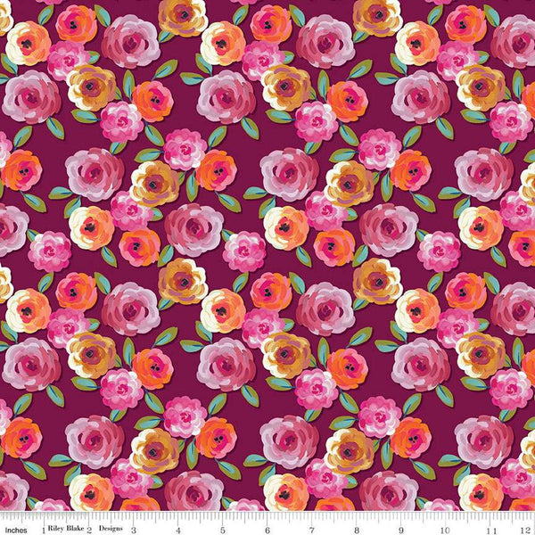 Fat Quarter End of Bolt - SALE Poppies and Plumes Floral C14291 Wine by Riley Blake Designs - Flowers Leaves - Quilting Cotton Fabric