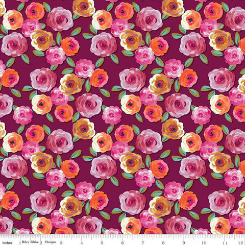Fat Quarter End of Bolt - SALE Poppies and Plumes Floral C14291 Wine by Riley Blake Designs - Flowers Leaves - Quilting Cotton Fabric