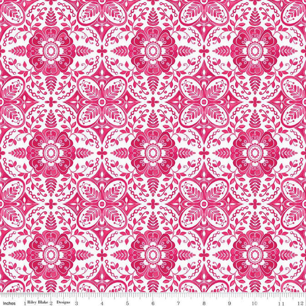 SALE Poppies and Plumes Damask C14292 White - Riley Blake Designs - Damask Medallions - Quilting Cotton Fabric