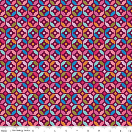 CLEARANCE Poppies and Plumes Circles C14295 Wine - Riley Blake Designs - Geometric Orange Peel - Quilting Cotton Fabric