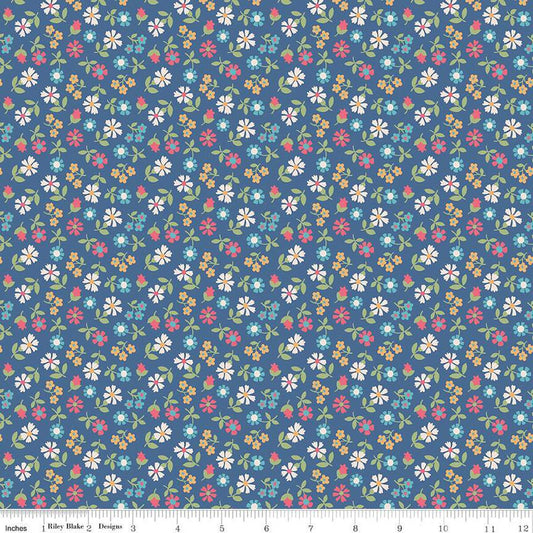 Mercantile Remembrance C14394 Denim - Riley Blake Designs - Lori Holt - Floral Flowers - Quilting Cotton Fabric