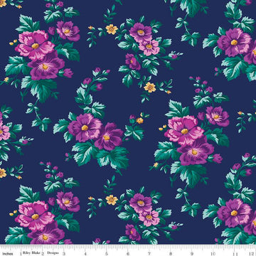 17" End of Bolt - SALE Brilliance Main C14220 Navy - Riley Blake Designs - Floral Flowers - Quilting Cotton Fabric