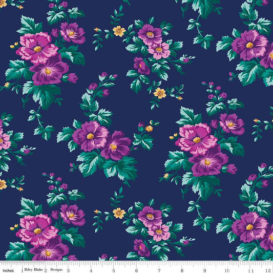23" End of Bolt - SALE Brilliance Main C14220 Navy - Riley Blake Designs - Floral Flowers - Quilting Cotton Fabric