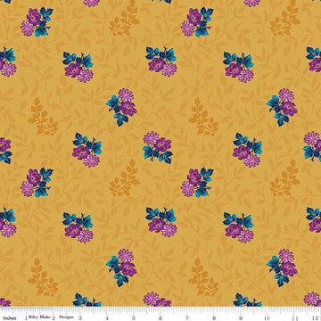 SALE Brilliance Floral Cluster Vine C14221 Gold - Riley Blake Designs - Floral Flowers Leaves - Quilting Cotton Fabric