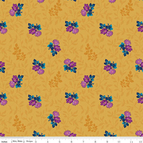 SALE Brilliance Floral Cluster Vine C14221 Gold by Riley Blake Designs - Floral Flowers Leaves - Quilting Cotton Fabric